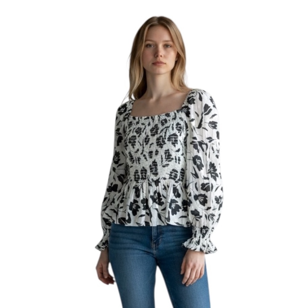 Dizzy Lizzie Mellie Long Sleeve Floral Feminine Romantic Smocked Top